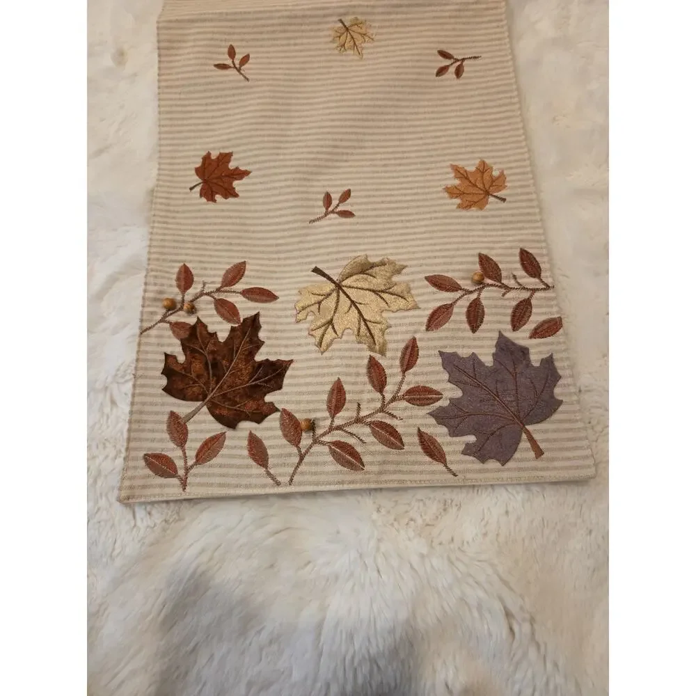 Wellesley Manor Harvest Table Runner New Embroidered Fall Leaves Applique 14x108